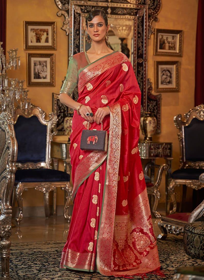 Designer Red Color Silk Base Saree With Silk Weave Many Kinds Of Cheap Pice