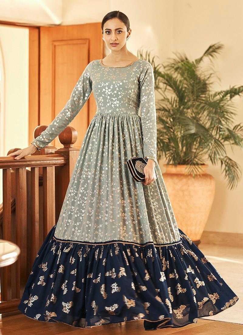 Grey Color Georgette Material Gown With Metallic Foil Work Sale Exclusive