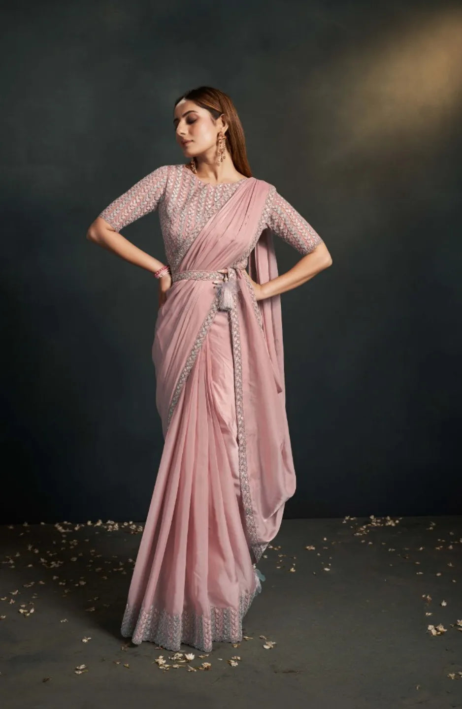 Luminous Rose Pink Organza Silk Embroidered Ready To  Wear Saree Sale In China