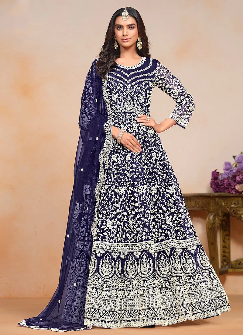 Fiery Dark Blue Designer Embroidered Anarkali Gown Inexpensive For Sale