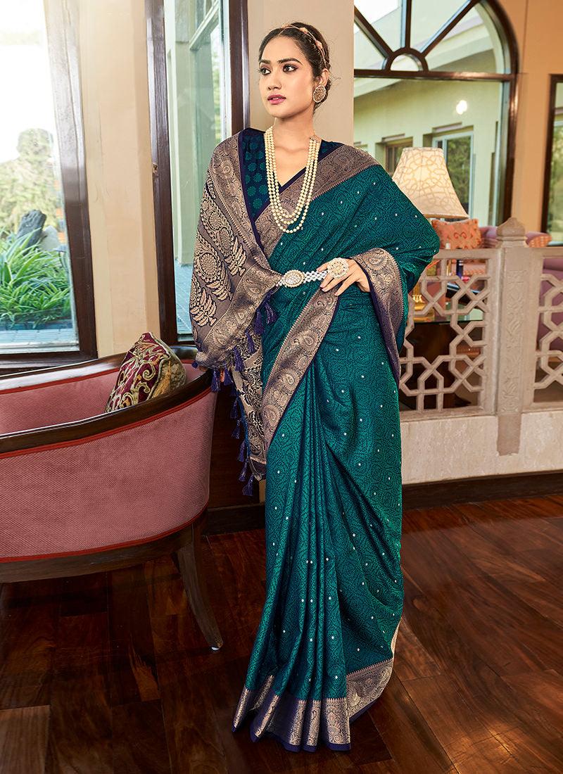 Teal Blue Color Soft Silk Two Tone Fabric Saree Outlet With Credit Card