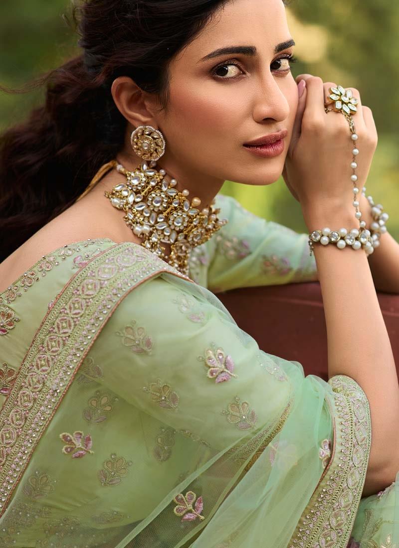 Exquisite Pista Green Color Organza Fabric Stone And Dori Work Lehenga Buy Cheap Great Deals