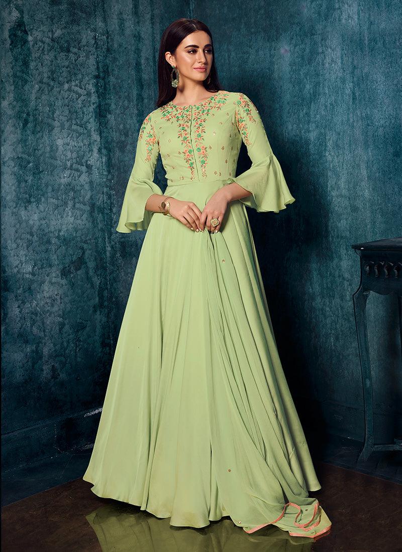 Light Green Color Satin Fabric Gown With Resham Work Best For Sale