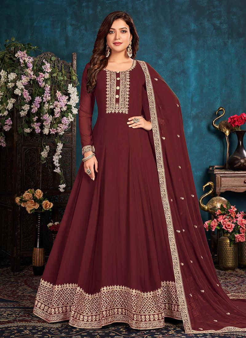 Maroon Color Georgette Fabric Dori Work Full Sleeves Gown Cheap Sale Lowest Pice