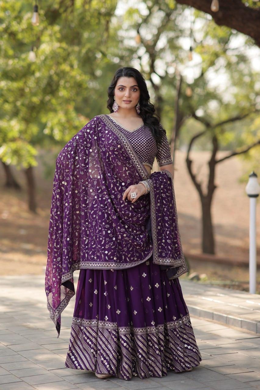 Spectacular Purple Faux Georgette Sequins Thread Embroidered Lehenga Set Best Sale Cheap Pice