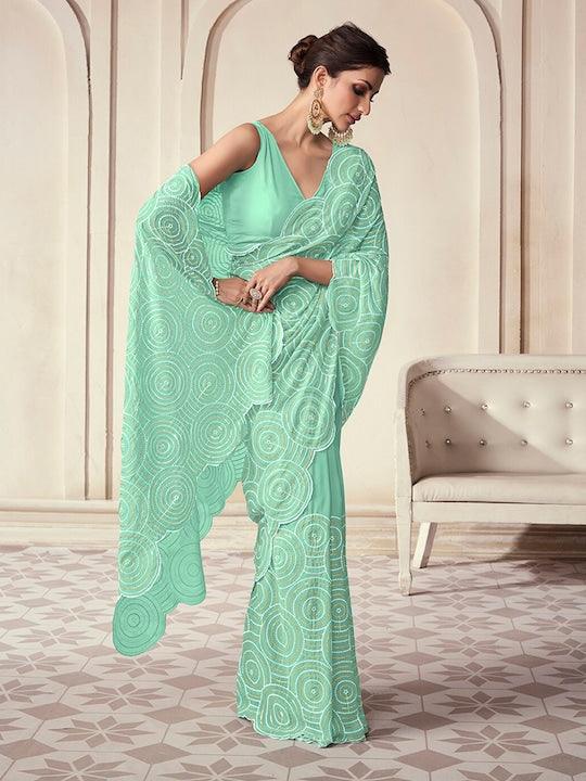 Aqua blue Georgette Sequined and Embroidered saree Cheap Discount Sale