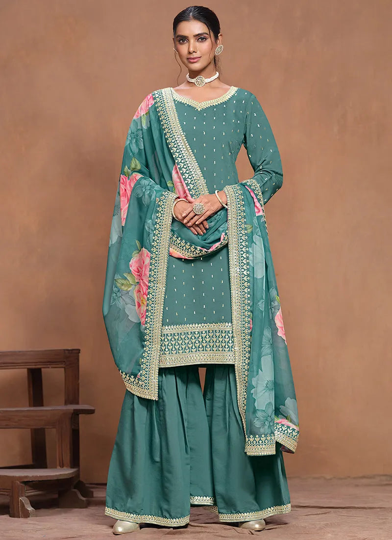 Designer Teal Blue  Embroidered Silk Sharara  Suit Shop Sale Online