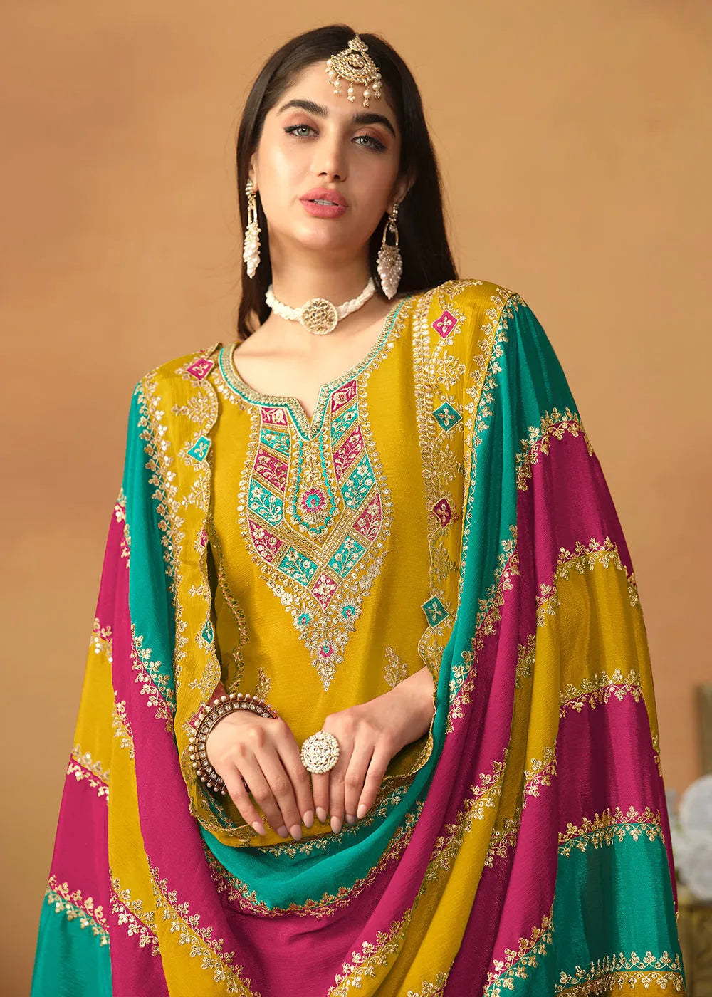 Glowing and Dazzling Chinon Silk Yellow Salwar Suit For Sale Wholesale Pice