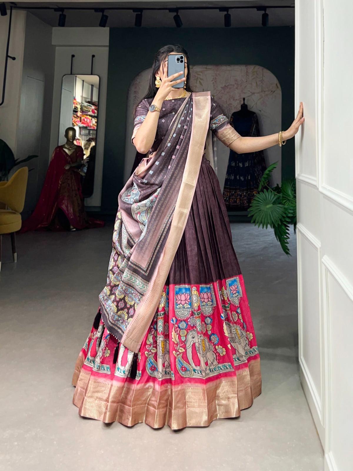 Kalamkari Printed Dola Silk Festival Wear Lehenga Choli Sale Geniue Stockist