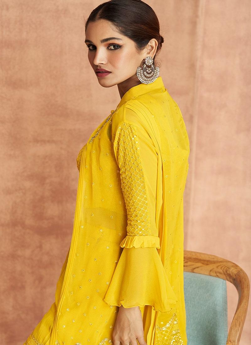 Partywear Yellow Color Georgette Fabric Sequins Work Sharara Suit Visit