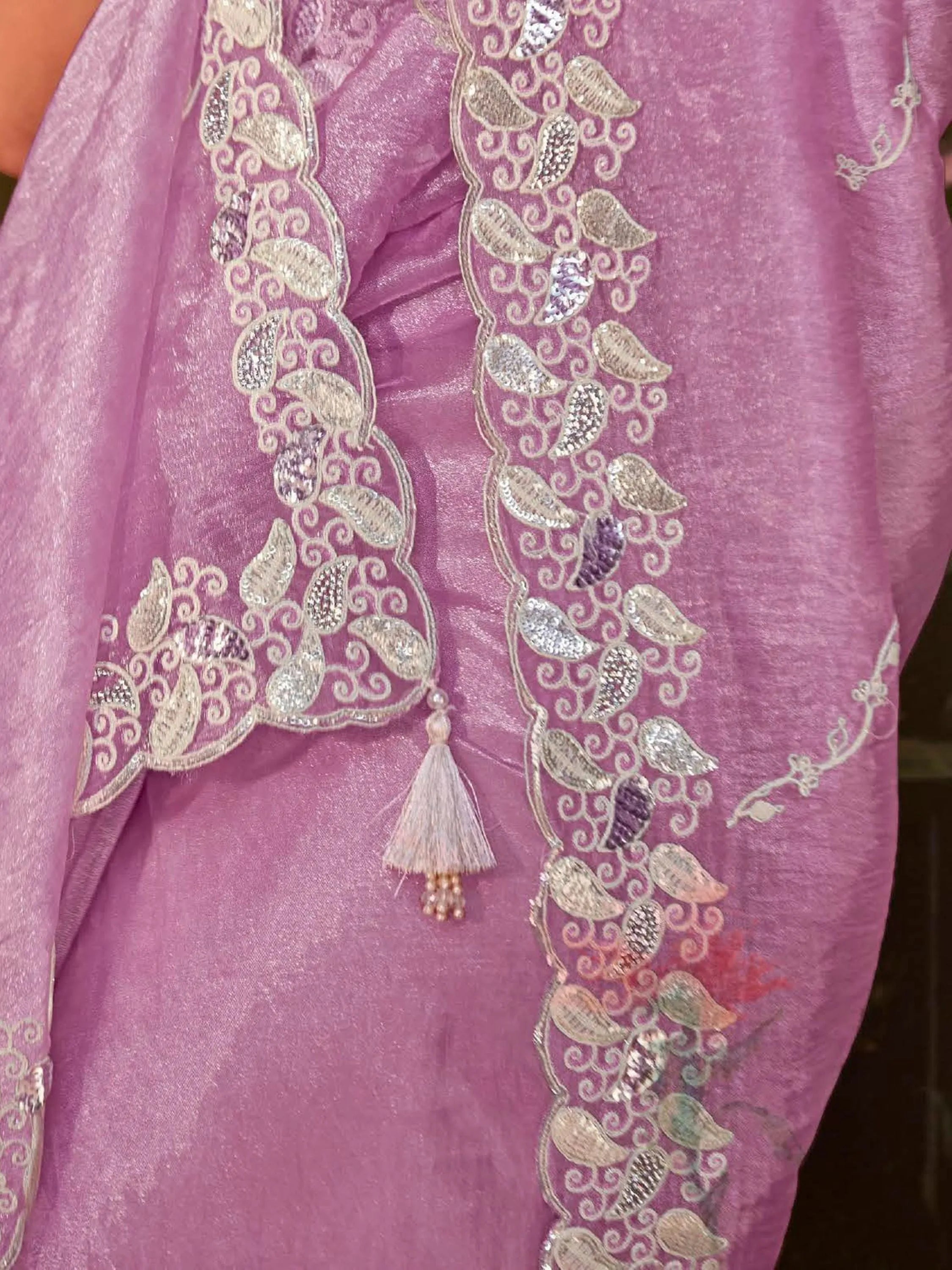 Lovely Lavender Organza Sequins Embroidered Designer Saree Fashionable Cheap Online