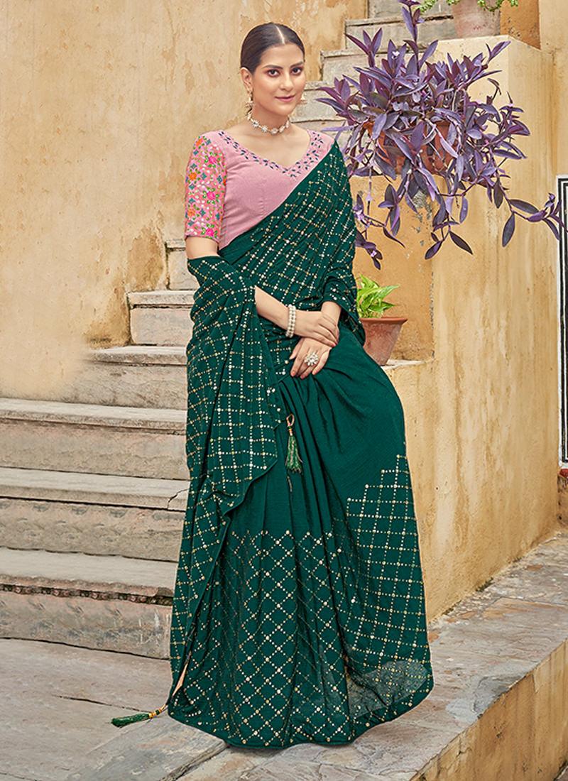 Embroidered Chinon Dark Green Saree Discount Cheapest Pice