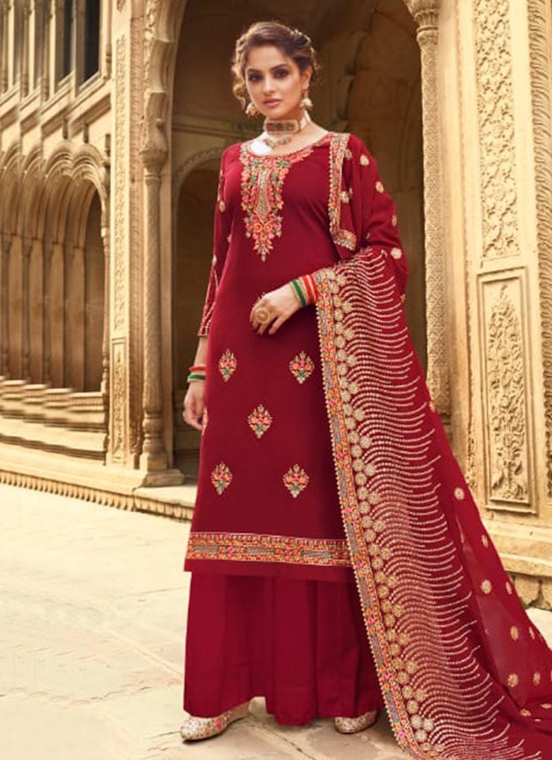 Royal Look Maroon Color Georgette Base Wedding Wear Palazzo Suit Buy Cheap Big Sale