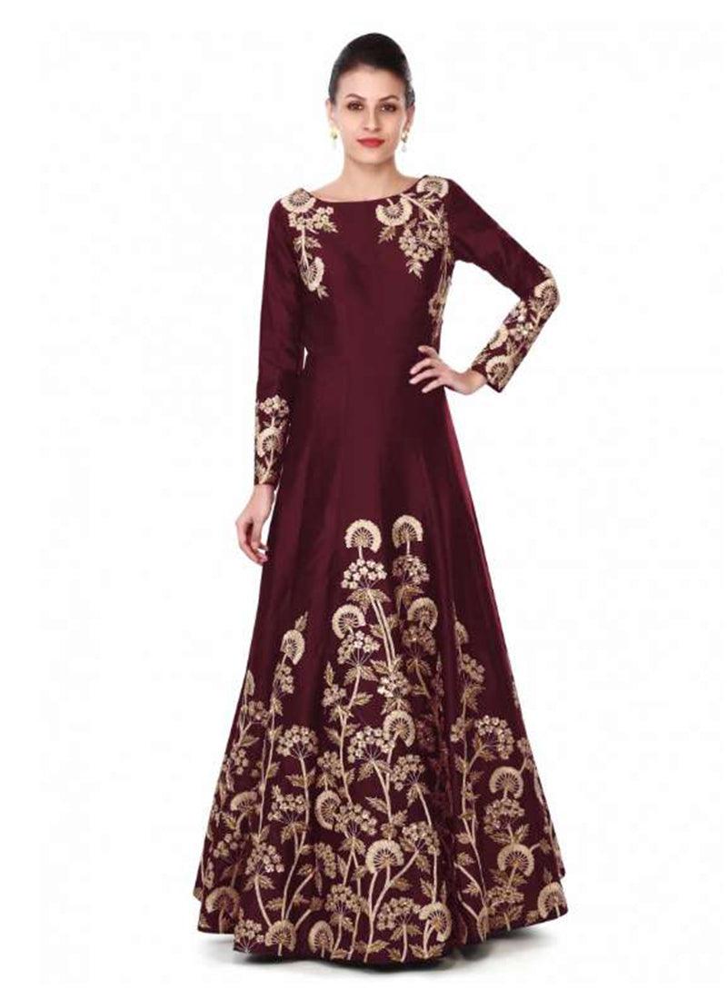 Maroon Gown In Zari And Sequin In Floral Embroidery Cheap Sale Best Wholesale