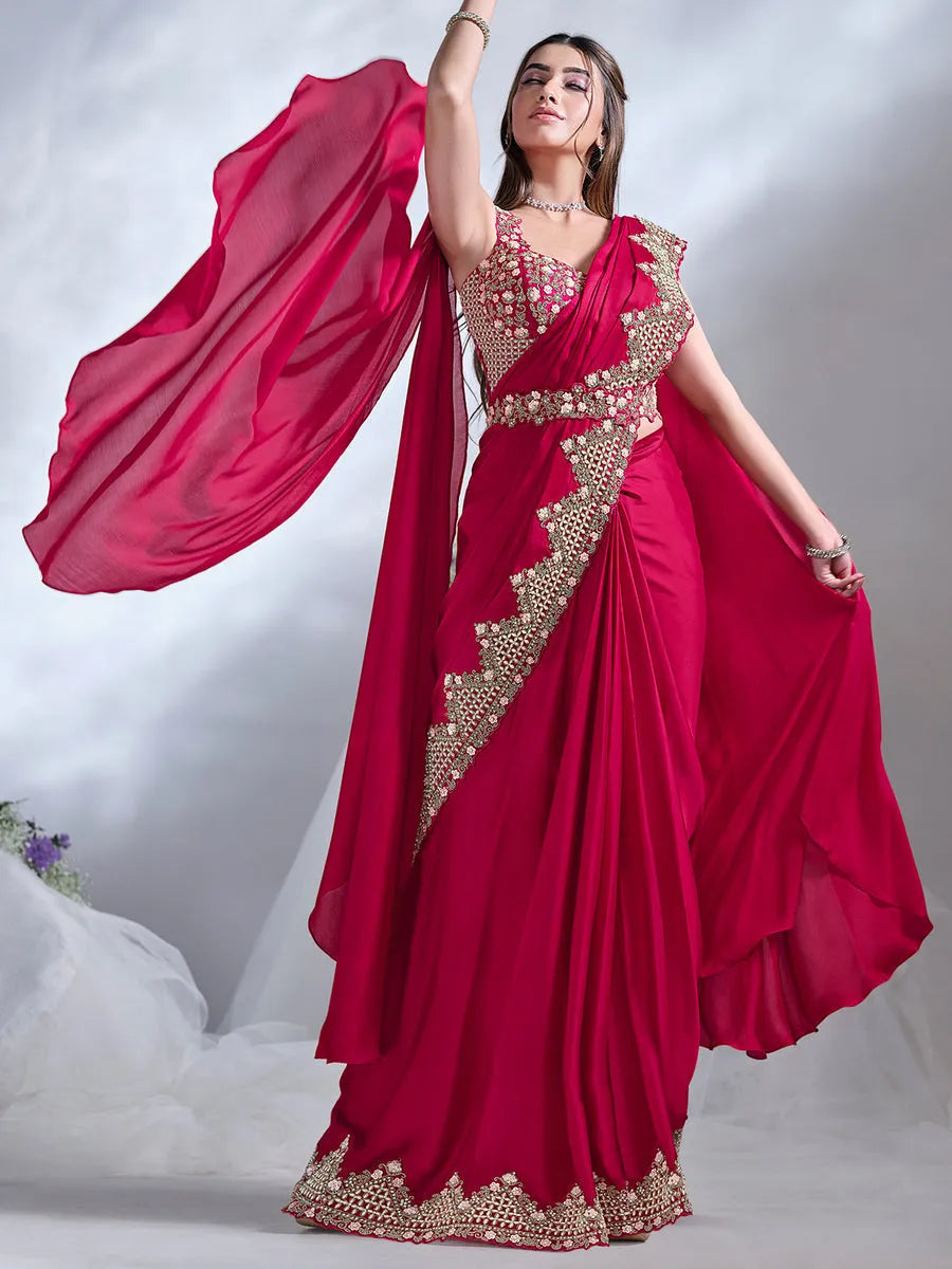 Designer Red Ready To Wear Crepe Satin Silk Saree Discount Wholesale