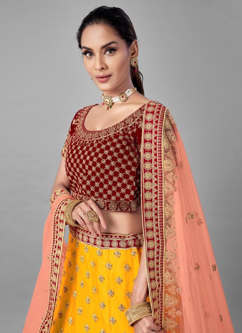 Foxy Yellow Color Velvet Base With Heavy Work Bridal Wear Lehenga Choli Supply Sale Online