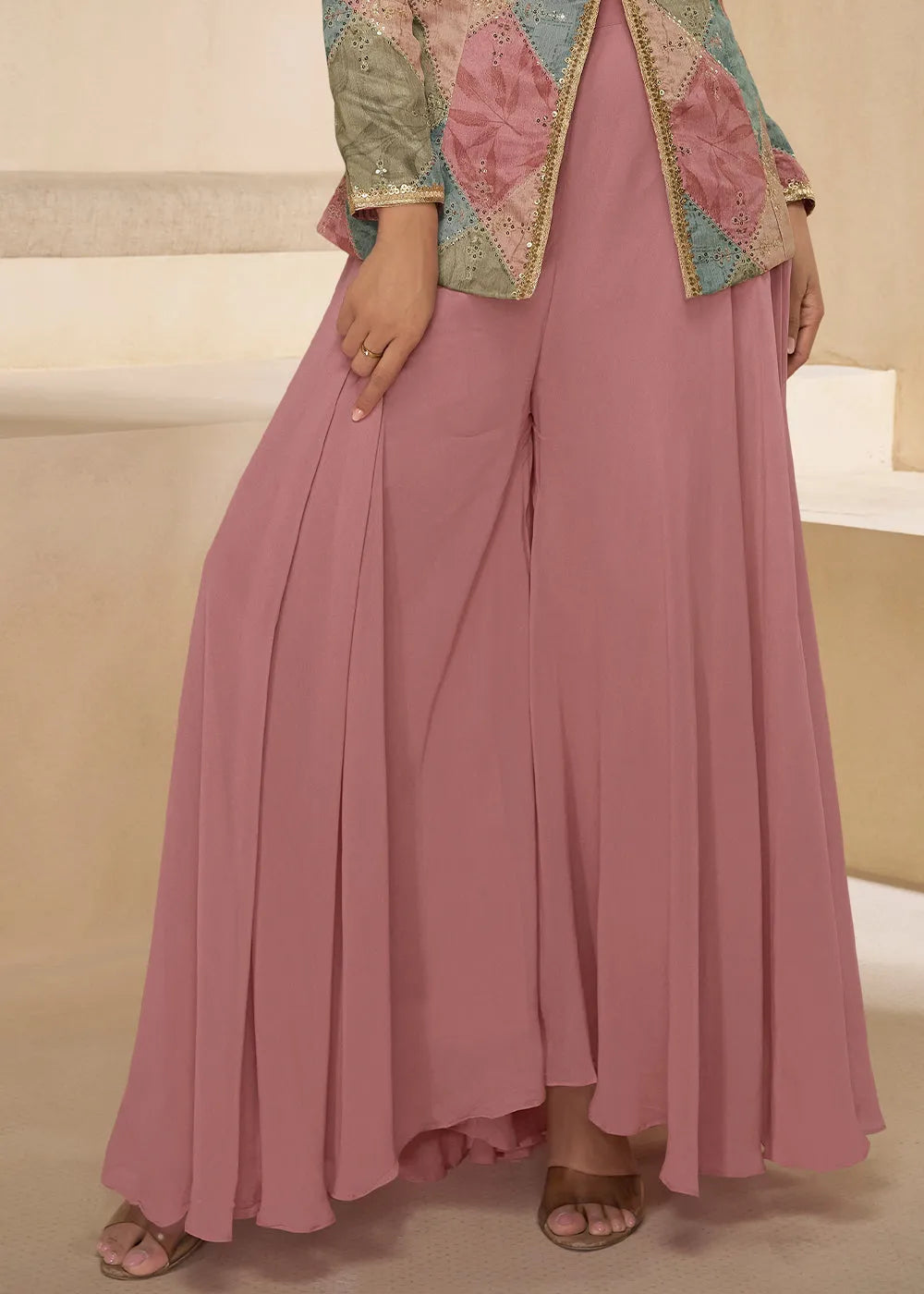 Orchid Pink Pure Georgette Floral Embroidered Designer Top Palazzo Suit Online Online For Sale