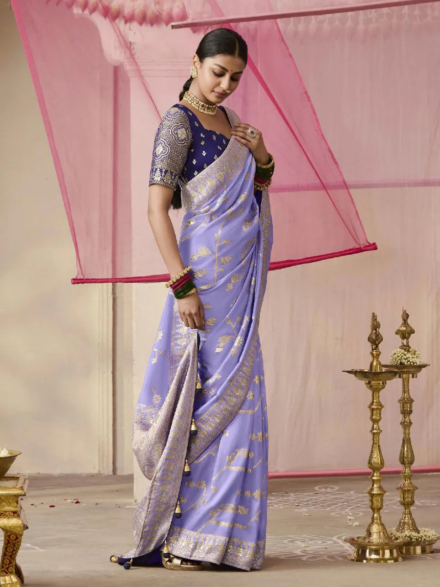 Cyan Blue Designer Silk Saree with Floral Weaving Work Free Shipping Best Pices