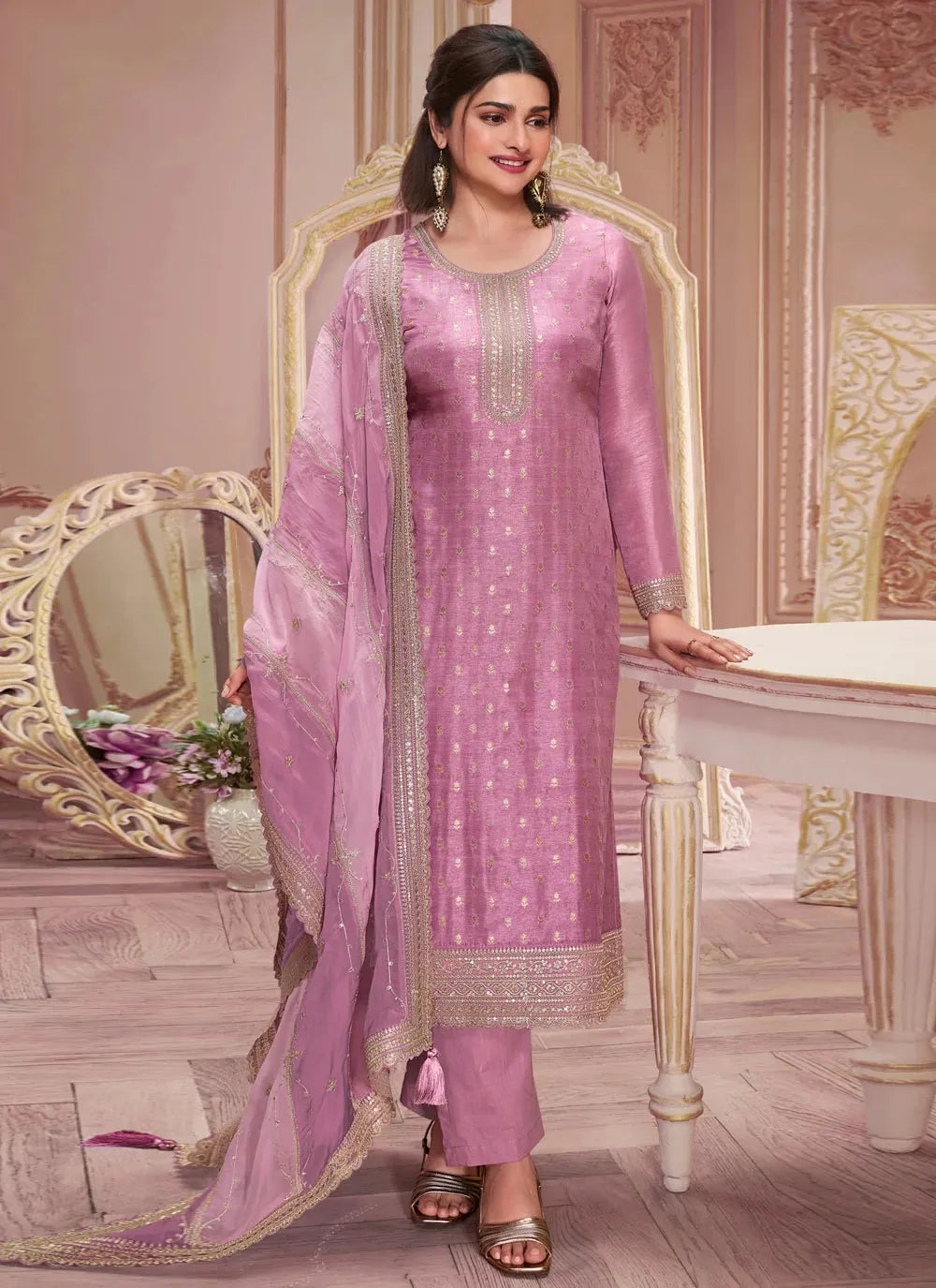 Lipstick Pink Dola Jacquard Sequins Embroidered Straight Suit New Online