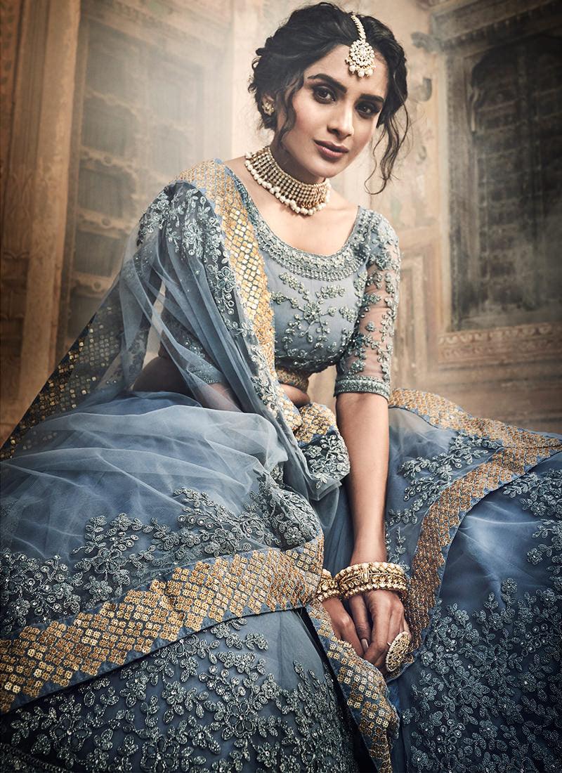 Remarkable Dark Grey Colored Soft Net Designer Flared Lehenga Choli Clearance Deals