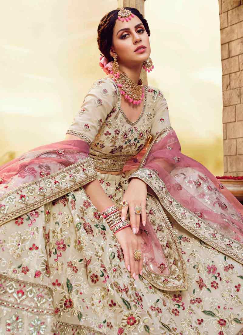 Off-White Resham Zarkan Dori Georgette Base Lehenga Choli Cheap Affordable