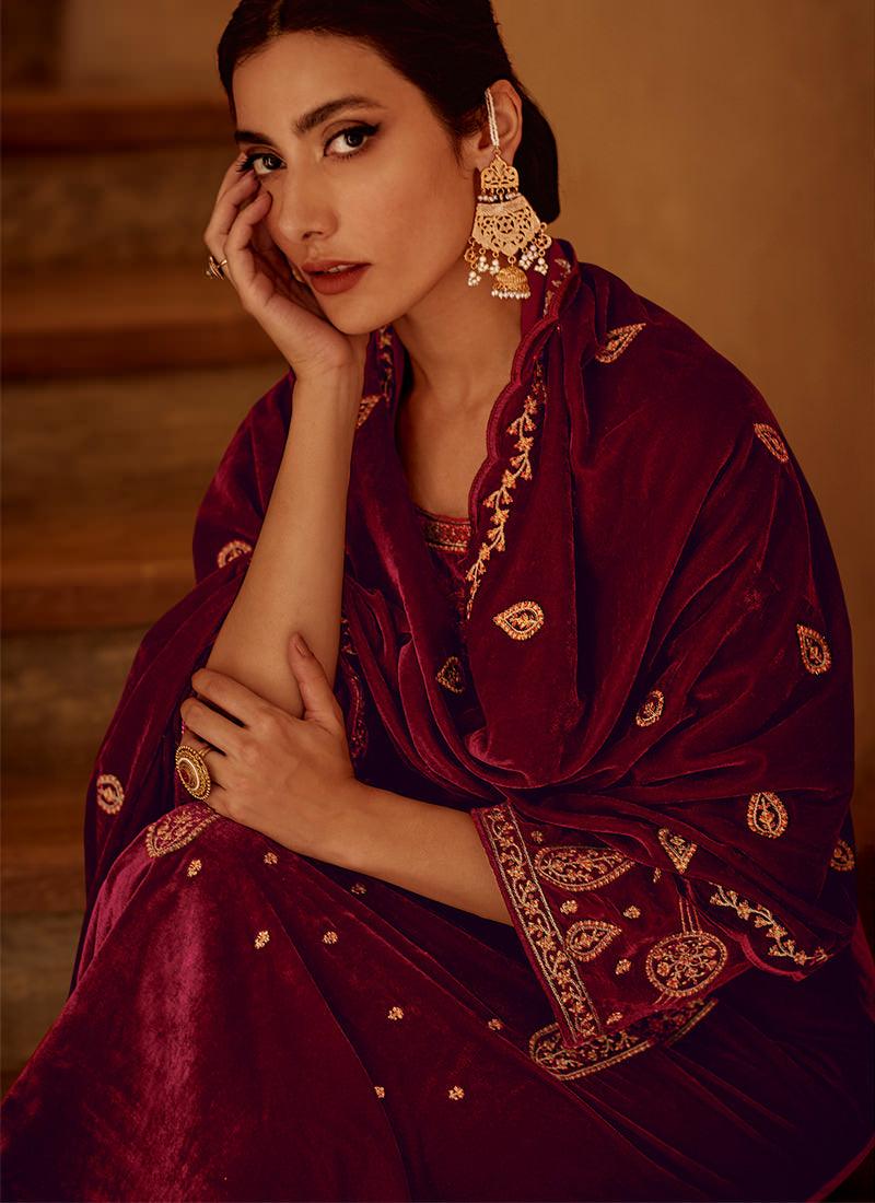 Heavy Zari Work Maroon Velvet Suit Sale Reliable