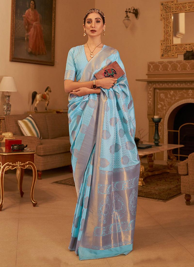 Sky Blue Color Silk Fabric Silk Weave Saree With V-Neck Blouse Cheap View