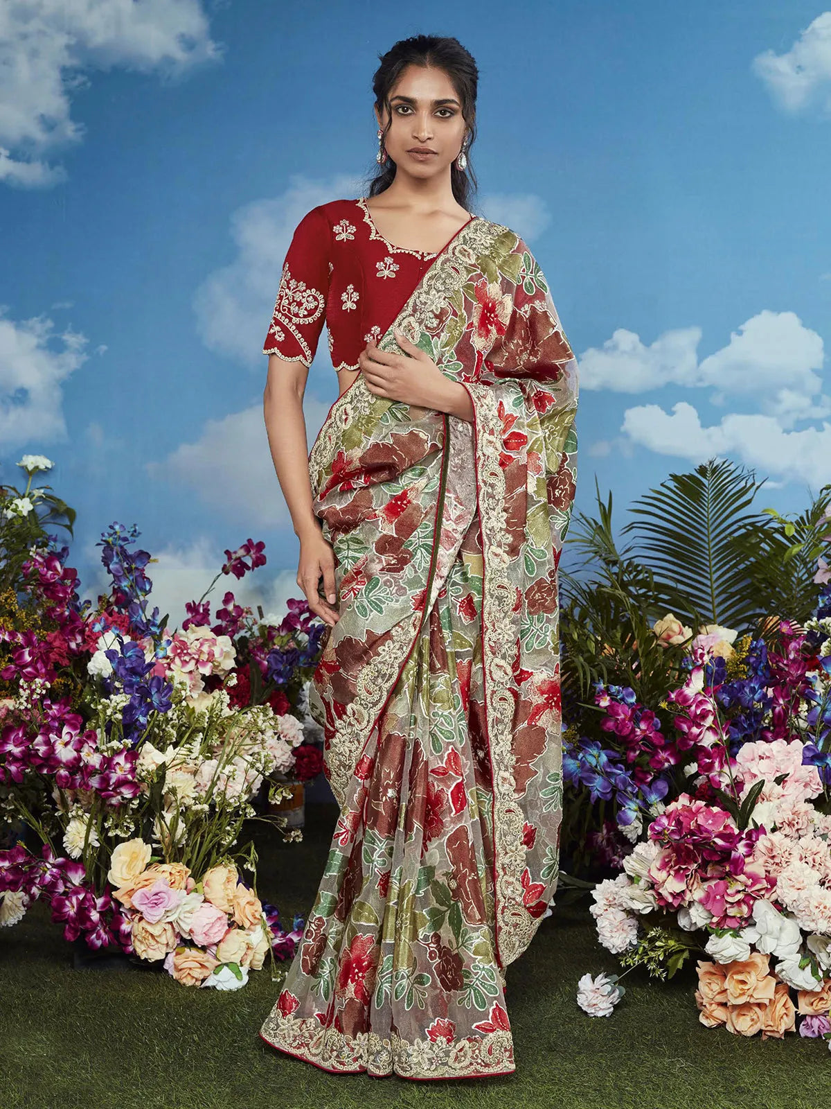 Fantastic Multi Color Heavily Floral Embroidered Brasso Saree Buy Cheap Big Discount