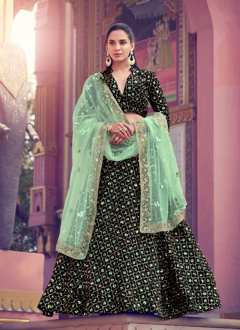 Gorgeous Look Black Color Lehenga Choli With Green Color Dupatta The Cheapest