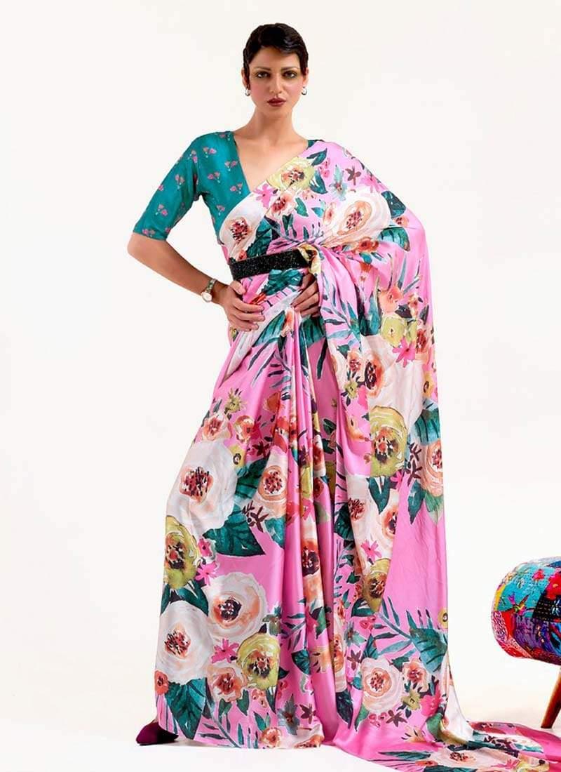 Artistic Pink Color Crepe Fabric V-neck Blouse Floral Print Saree Original For Sale