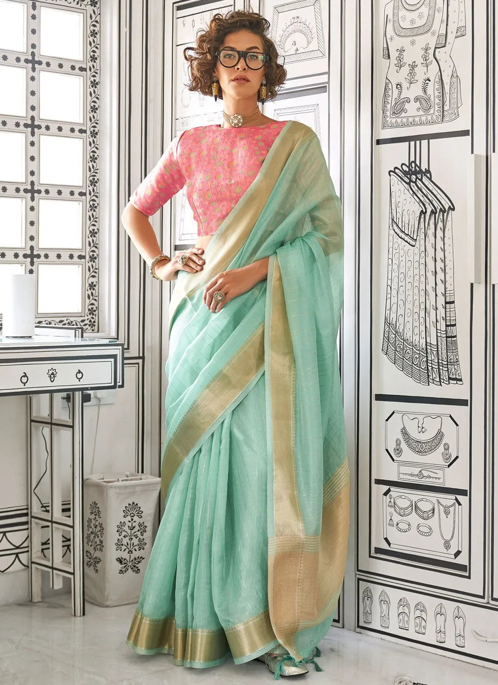 Green Handwoven Chiffon Saree With Heavy Jacquard Blouse In China Sale Online