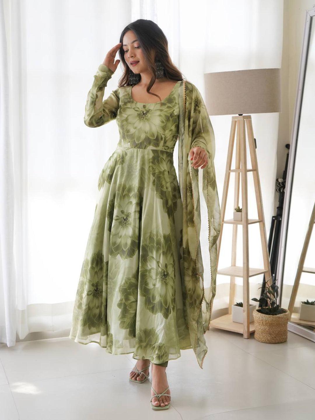 Printed green floral gown with dupatta Big Sale Sale Online