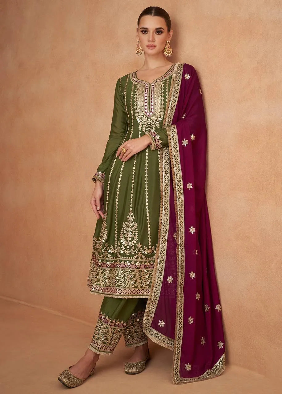 Charming and Superb Olive Chinon Embroidered Salwar Kameez Cheap Best Wholesale