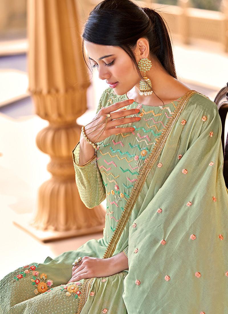 Green Color Sequins Work Full Sleeves Straight Salwar Suit Free Shipping With Paypal