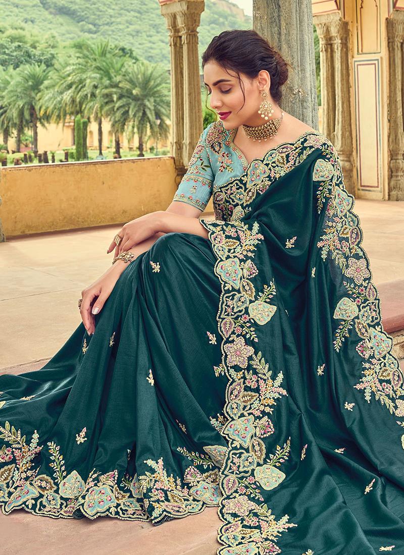 Teal Green Embroidered Organza Saree Outlet Genuine