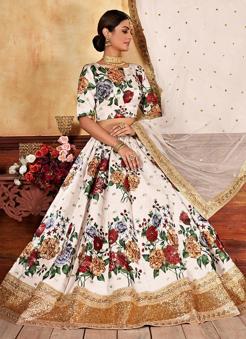 Heavy Sequins Digital Printed White Floral Lehenga Finishline