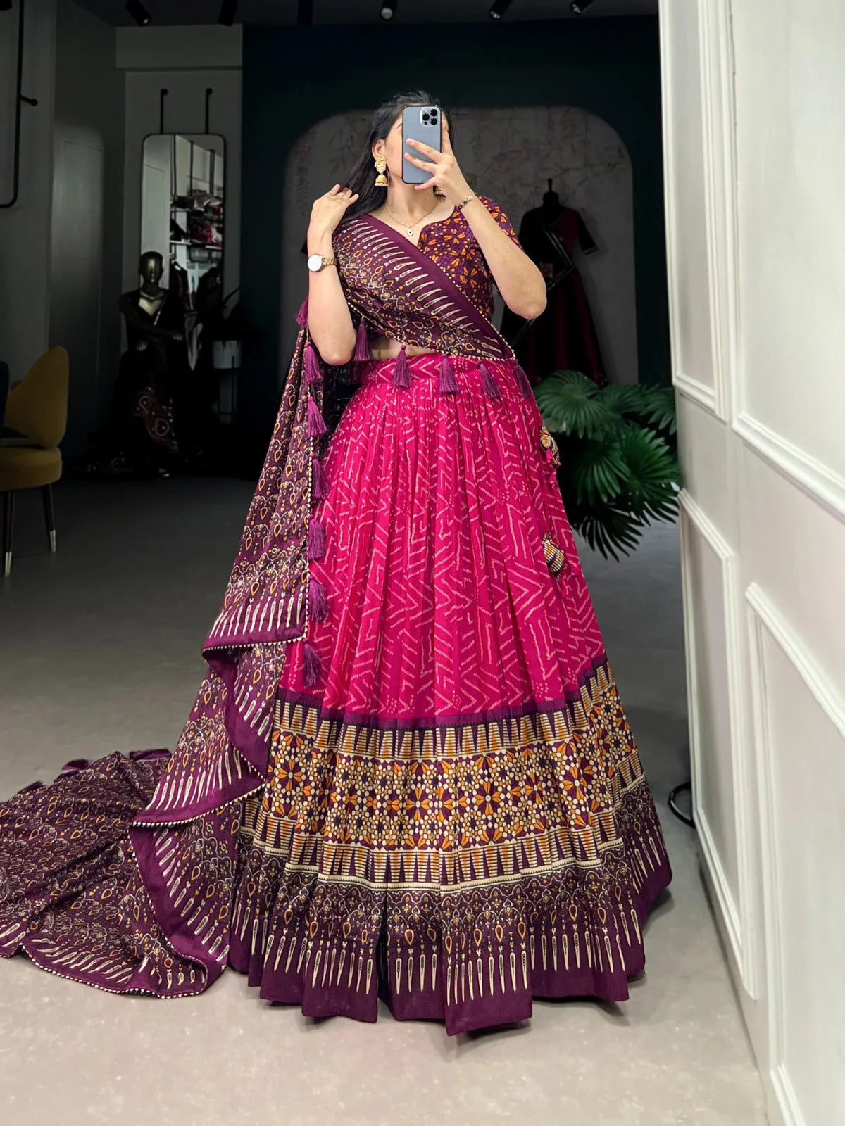 Elegant Bandhej And Ajrakh Printed Silk Lehenga Choli Cheapest Online