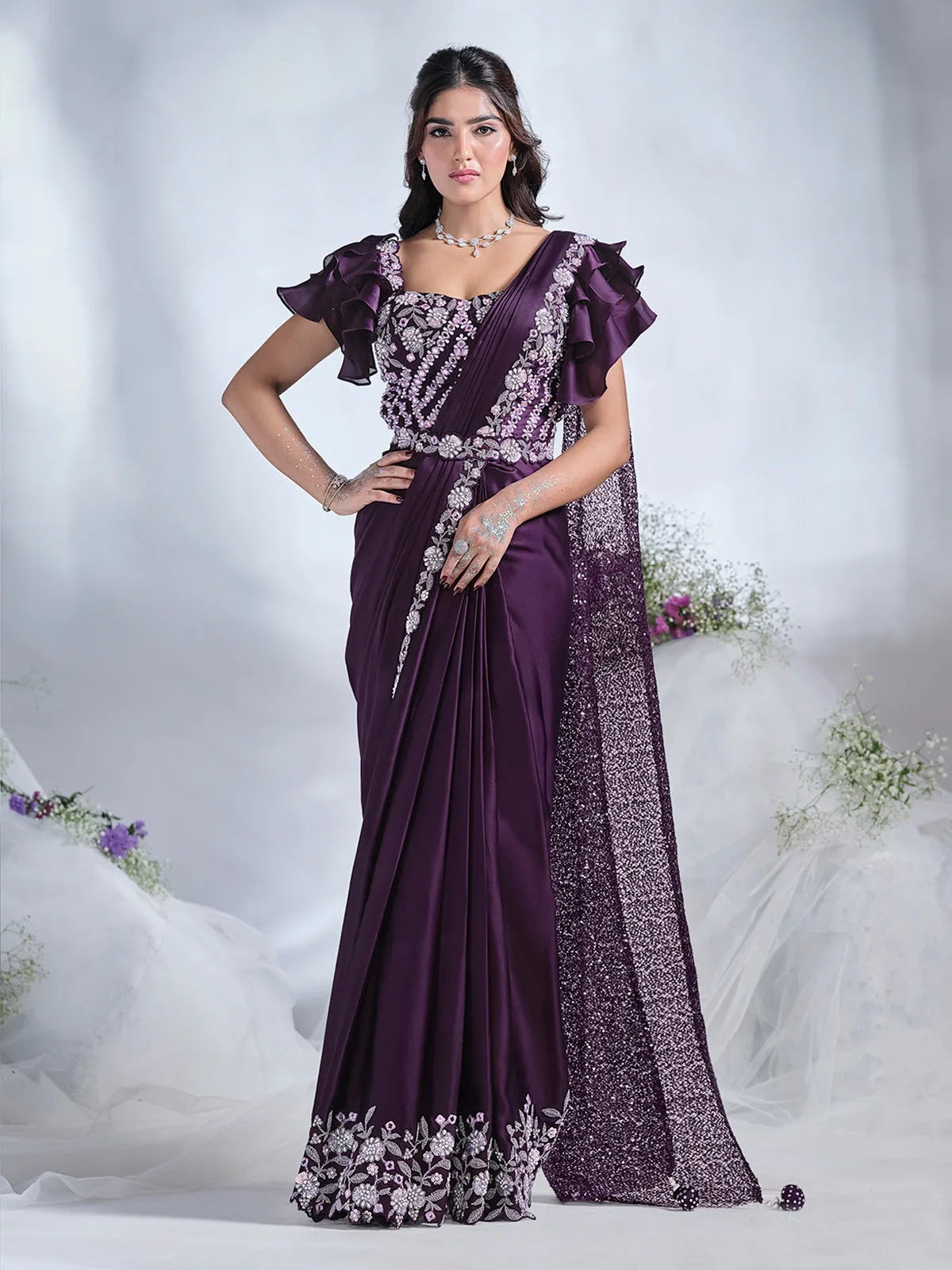 Dignified Deep Purple Ready To Wear Crepe Satin Silk Saree Buy Cheap 2025 New