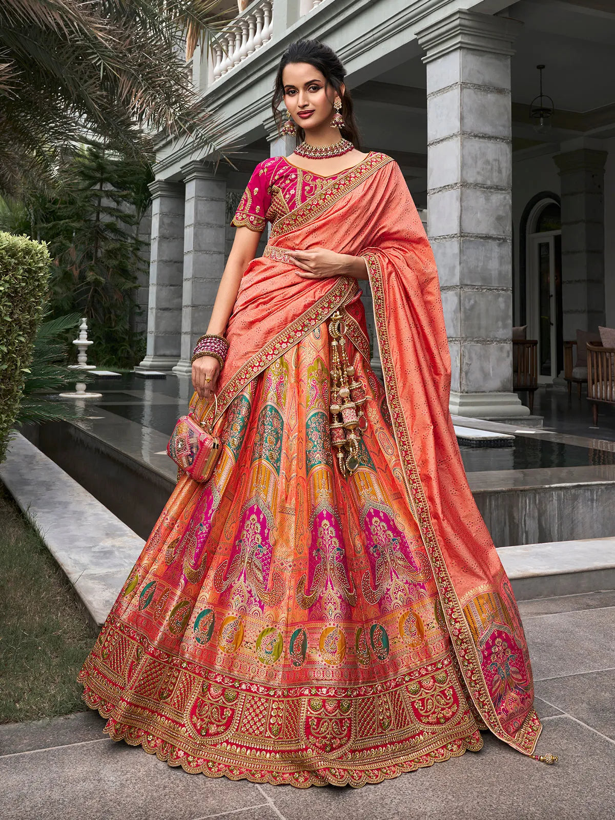 Peerless Peach Banarasi Silk Bridal Lehenga Choli Set Under 70 Dollars