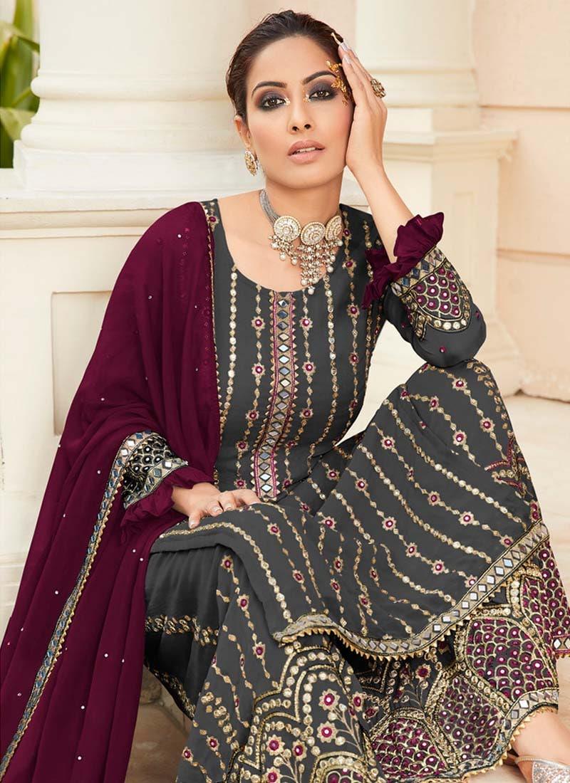 Splendid Designer Look Dark Grey Sharara Suit Clearance Shop