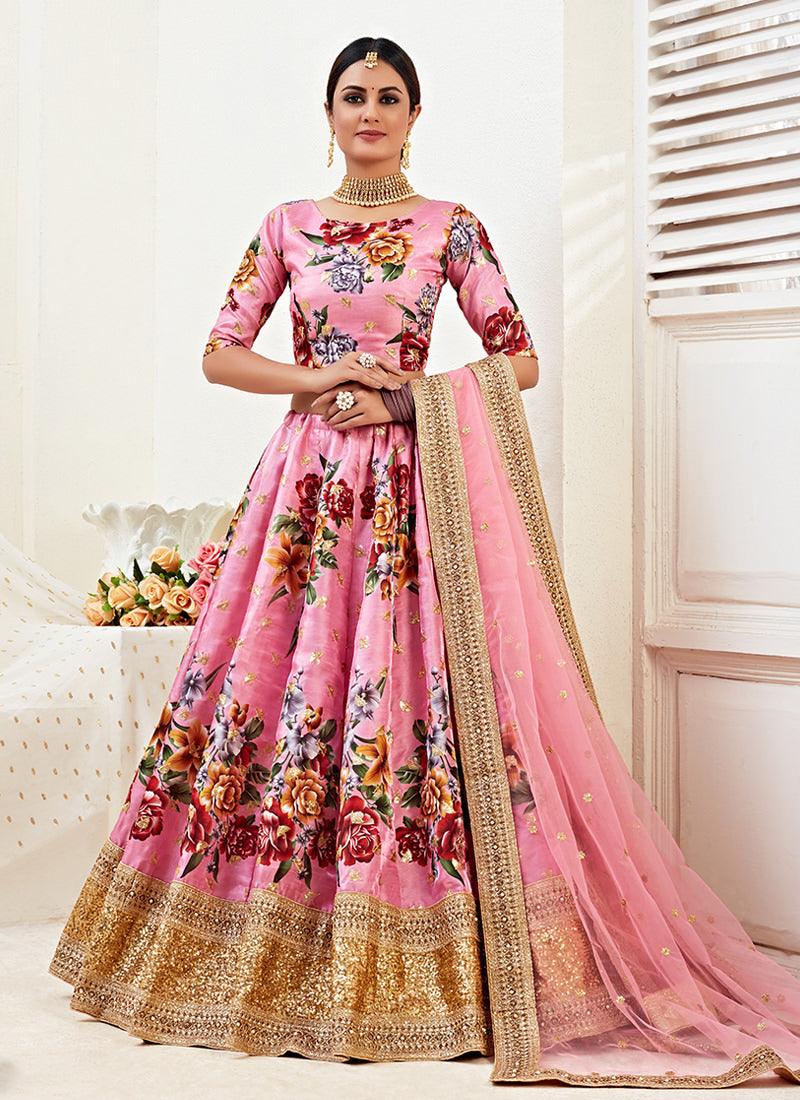 Floral Print Pink Satin Lehenga Choli Outlet Cheap Pice