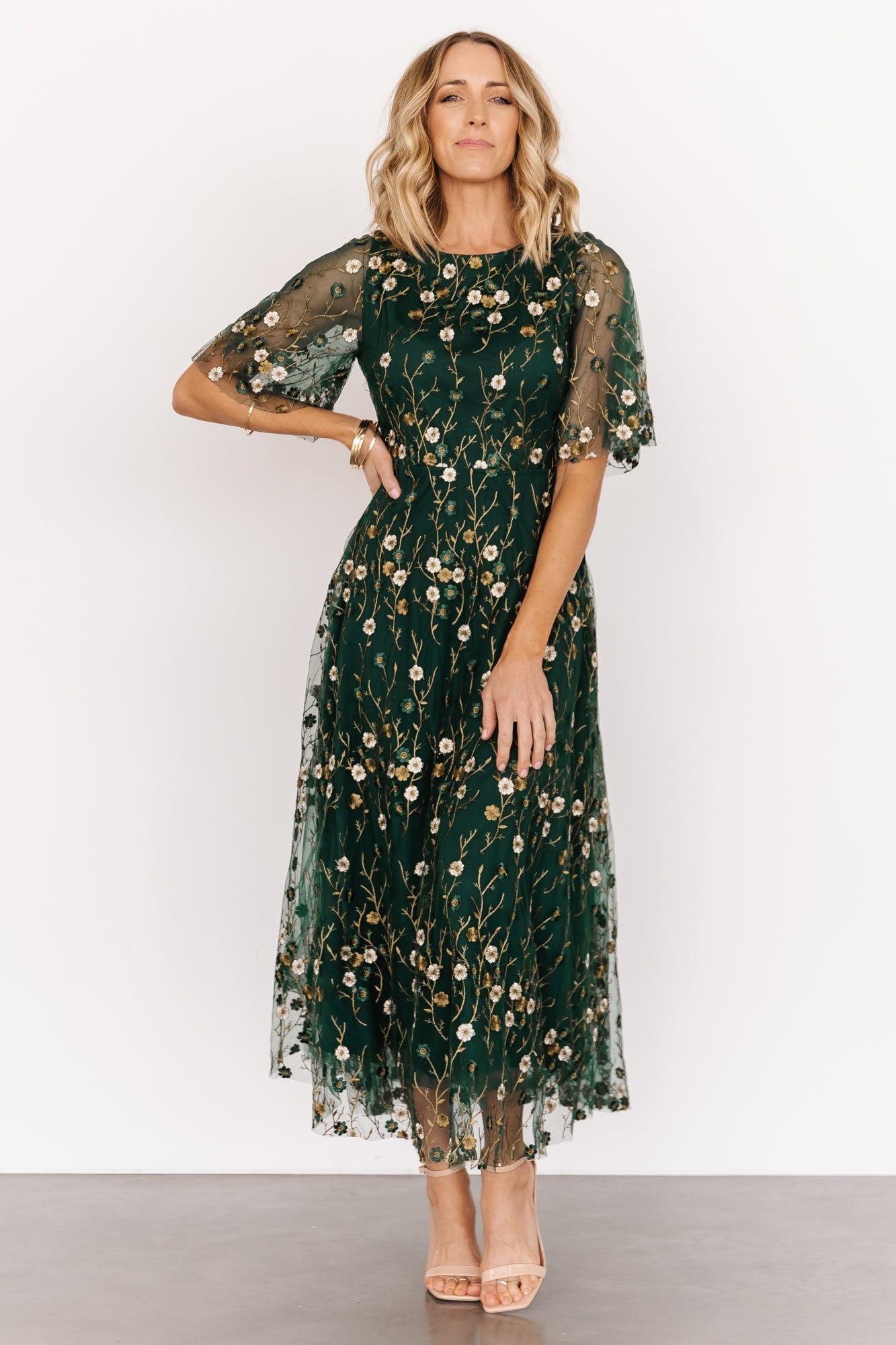 Arabella Embroidered Tulle Maxi Dress | Dark Green Floral Outlet Newest