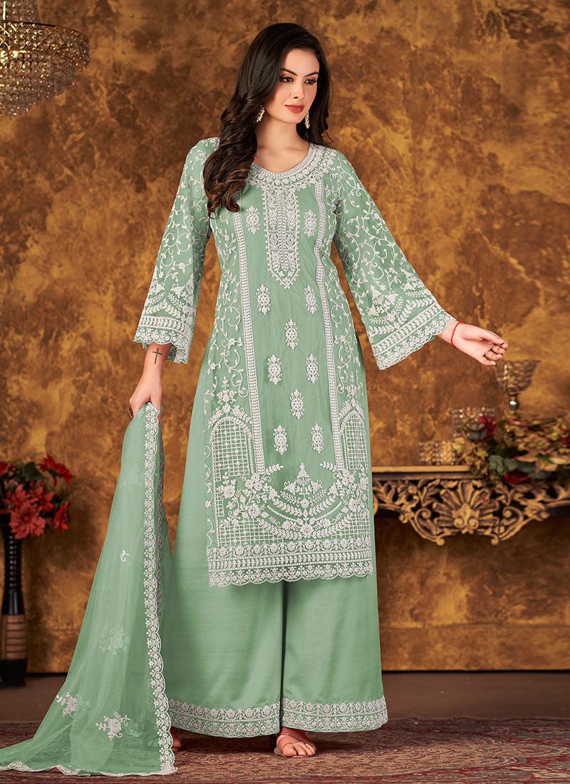 Sea Green Bell Sleeves Palazzo Salwar Suit Footlocker Pictures Online