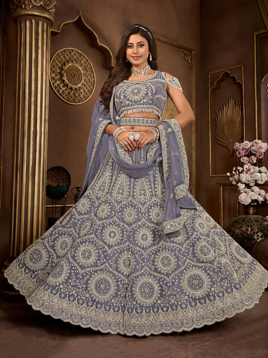 Gorgeous Pearls Worked Dark Grey Bridal Lehenga Choli Clearance Fashionable