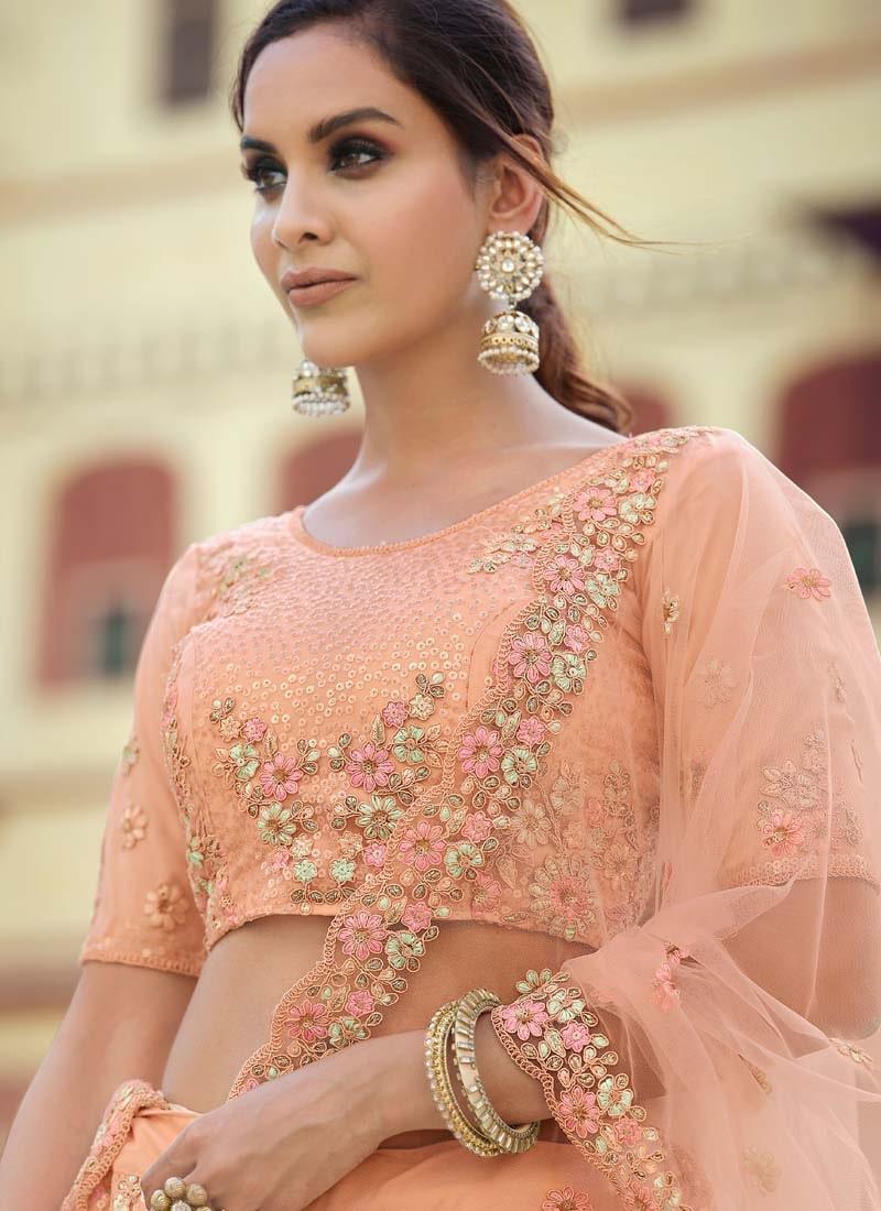 Charming Peach Color Sequins And Zari Work Soft Net Material Lehenga Choli Sale Recommend