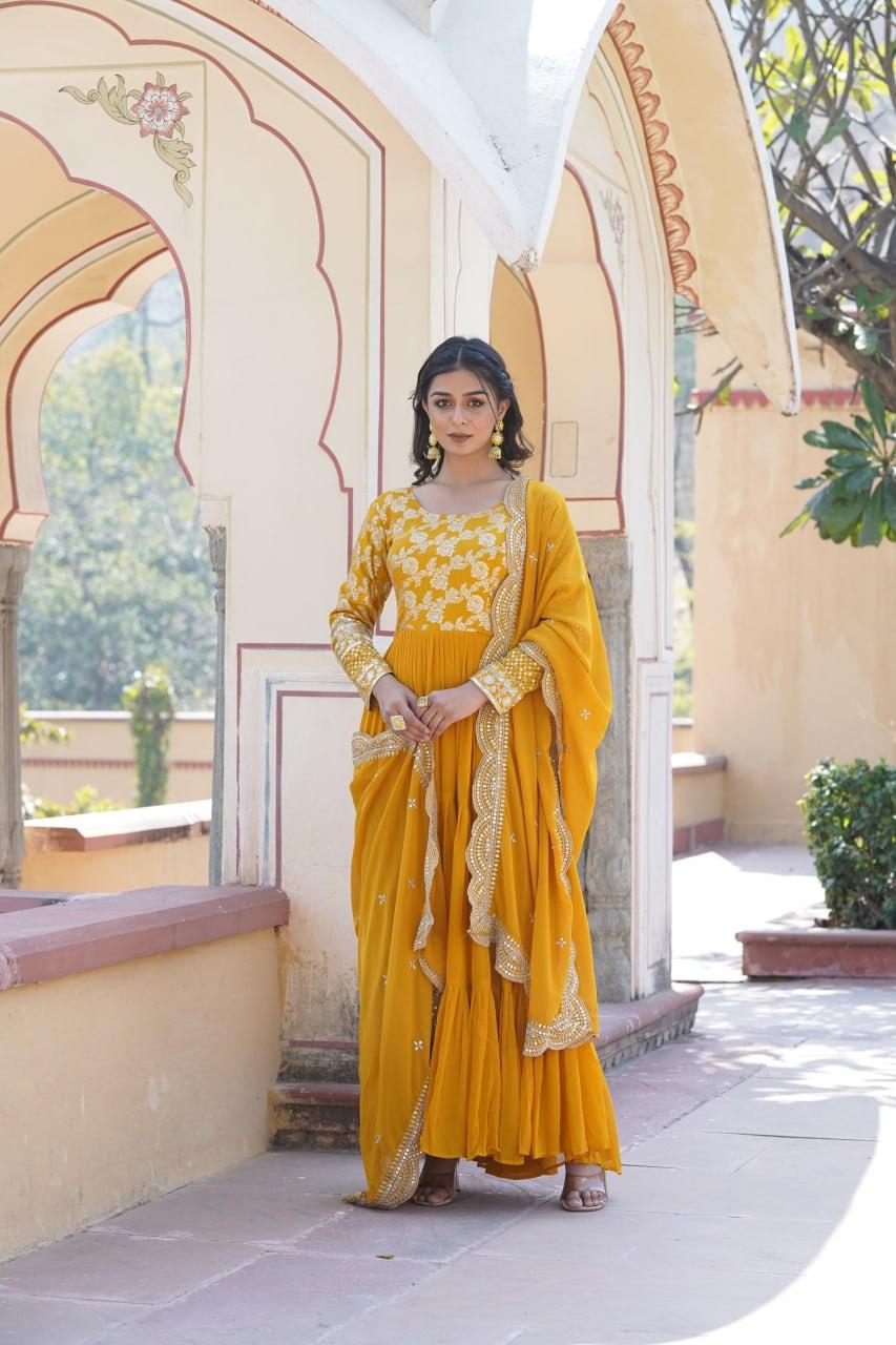 Yellow Georgette Ruffle gown with dupatta Pay With Visa Sale Online