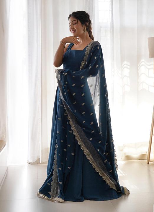 Teal Blue Designer Gown with Zari Work in Georgette Sale Classic