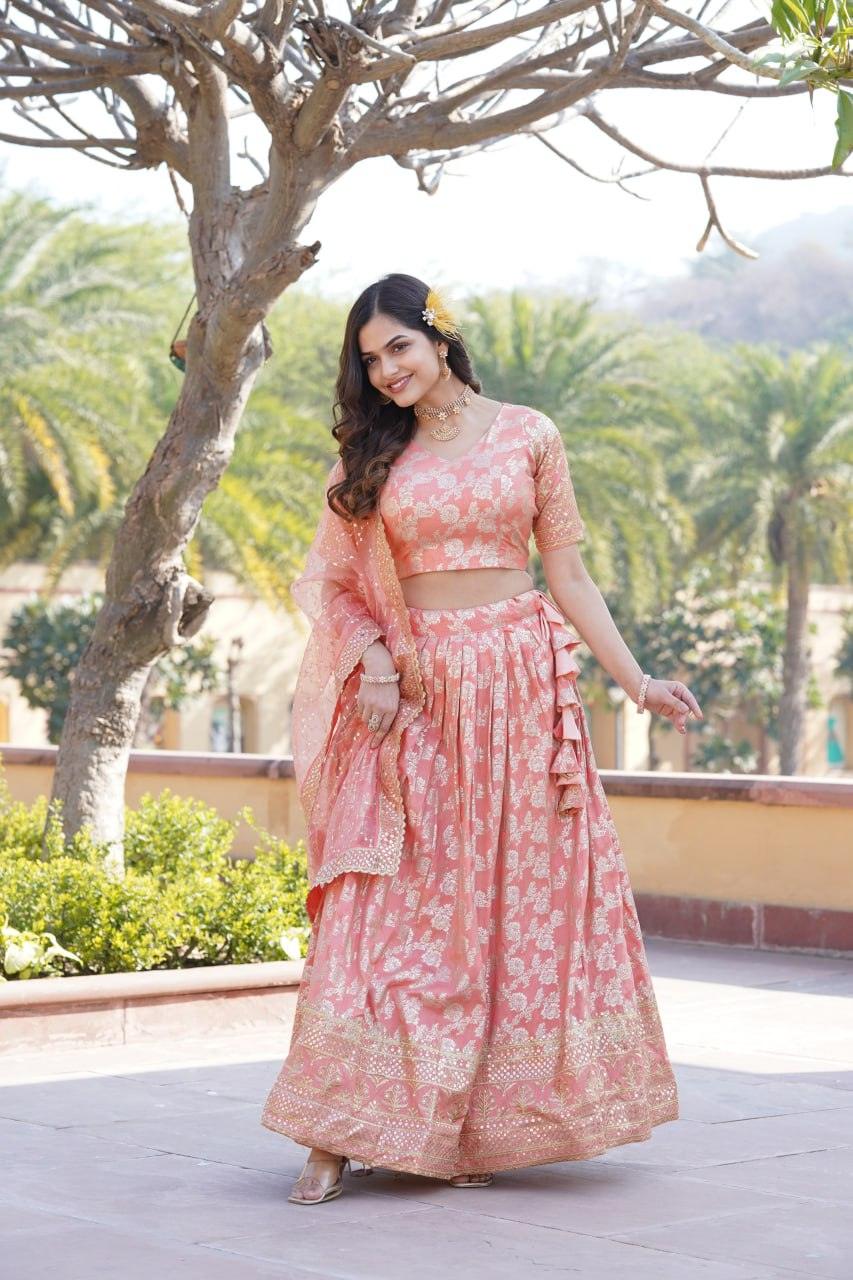 Amazing Viscous Jacquard Heavy Sequins Embroidered Lehenga Choli Set Online Online Free Shipping