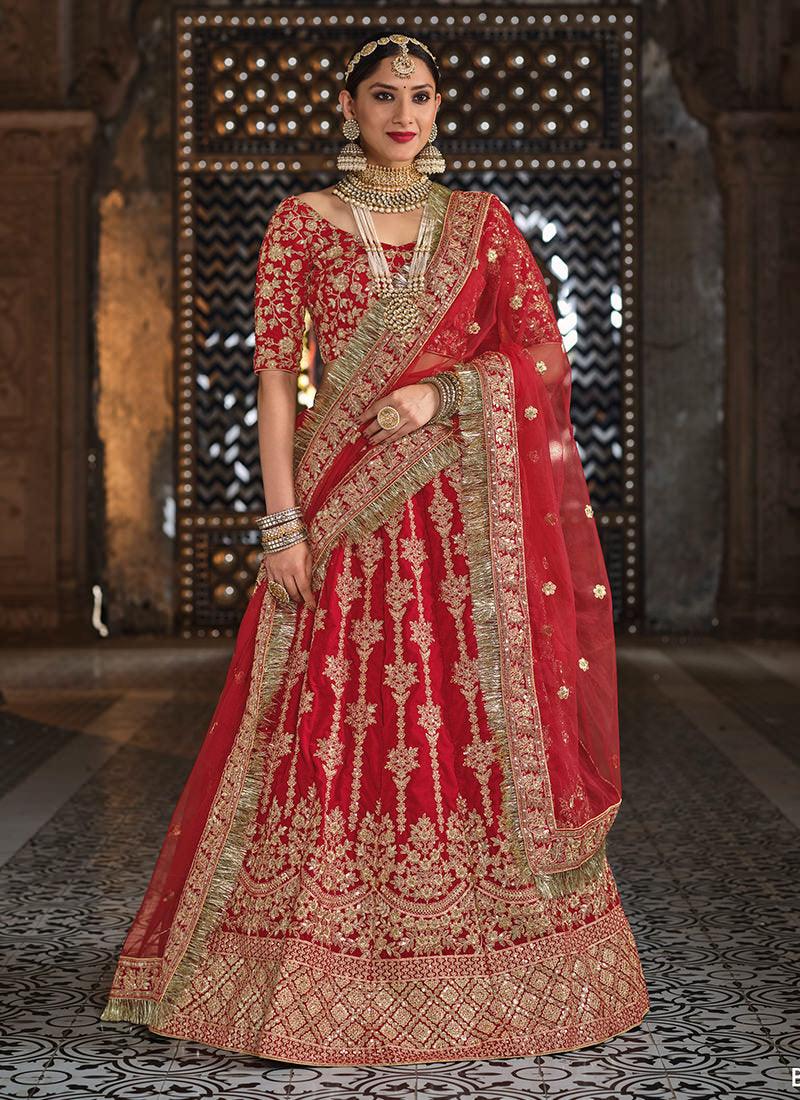 Velvet Base Red Heavy Bridal Lehenga Outlet Hot Sale