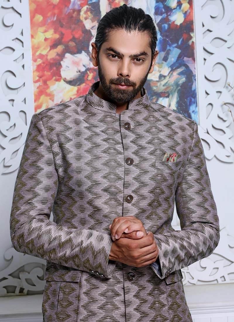 Cotton Fabric Light Grey Color Slim Fit Printed Jodhpuri Suit Finishline For Sale